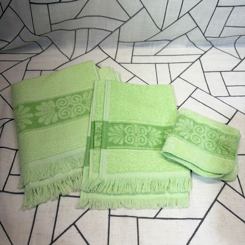 Cannon Monticello Towel Set 3pc Green Vintage Floral Fringe Hand Washcloth
